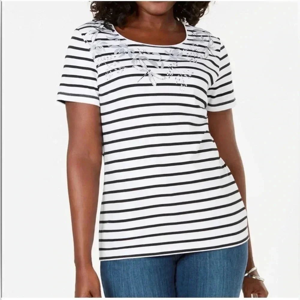 Karen Scott Womens Striped Embellished T Shirt